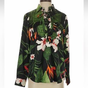 NEW Lauren by Ralph Lauren Floral Tie-Neck Long Sleeve Blouse - Black/Green